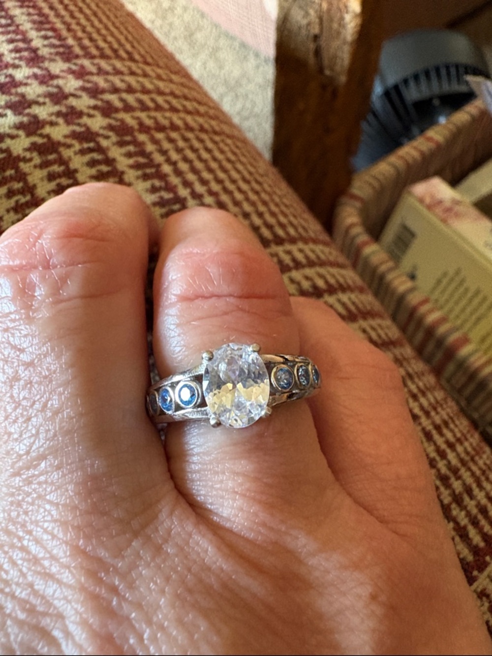 Sterling-Style Clear Oval CZ Ring with Blue Accent Stones